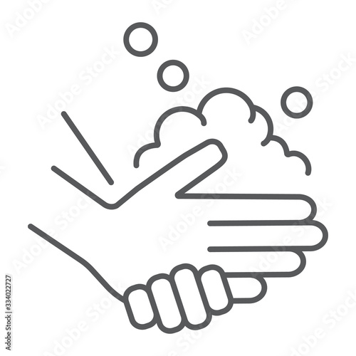 Washing hands with soap thin line icon, wash and hygiene, wash your hands sign, vector graphics, a linear pattern on a white background, eps 10.