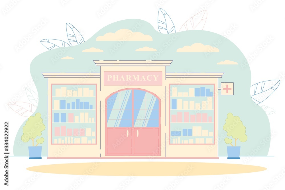 Fototapeta premium Pharmacy Building Facade Drugstore Entrance Door