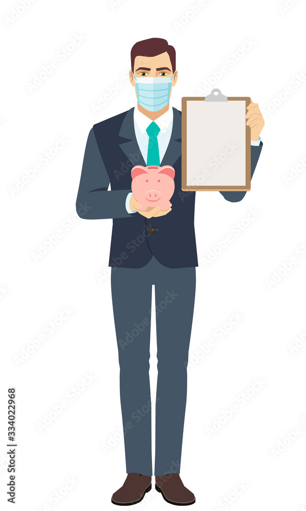 Businessman with medical mask holding piggy bank and clipboard. Full length portrait of Businessman in a flat style. Businessman with medical mask holding piggy bank and clipboard. Full length portrait of Businessman in a flat style.