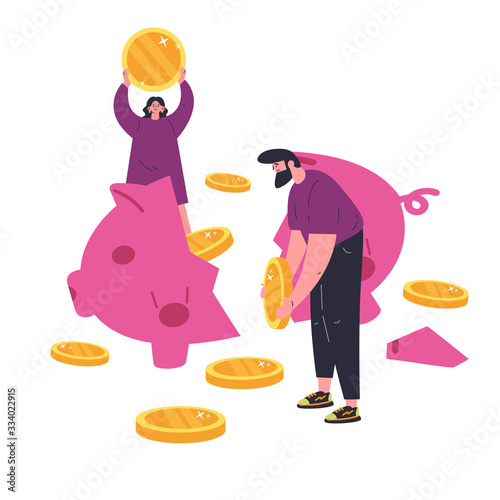 Concept of coronavirus economic crisis during quarantine.Novel virus 2019-nCoV.Couple smashed a savings piggy bank because of the crisis.Piggy bank with coins.Difficult economic situation.Flat vector 