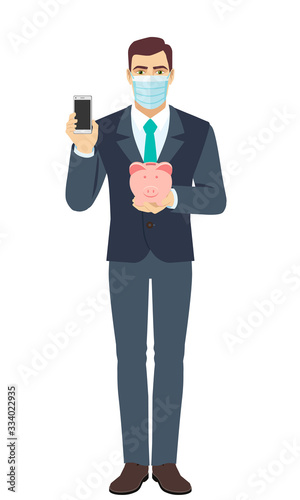 Businessman with medical mask holding mobile phone and piggy bank. Full length portrait of Businessman in a flat style.