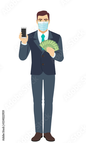 Businessman with medical mask holding mobile phone and money. Full length portrait of Businessman in a flat style.
