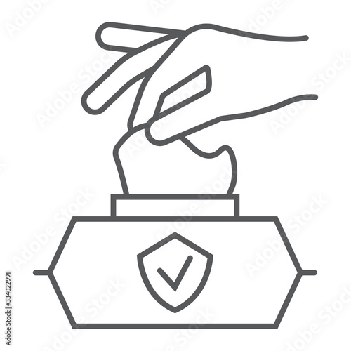 Hand pulling wet tissue thin line icon, wash and hygiene, hand tissues sign, vector graphics, a linear pattern on a white background, eps 10.
