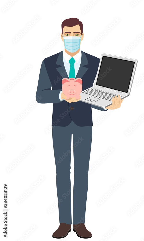 Businessman with medical mask holding a piggy bank and laptop notebook. Full length portrait of Businessman in a flat style. Businessman with medical mask holding a piggy bank and laptop notebook. Full length portrait of Businessman in a flat style.