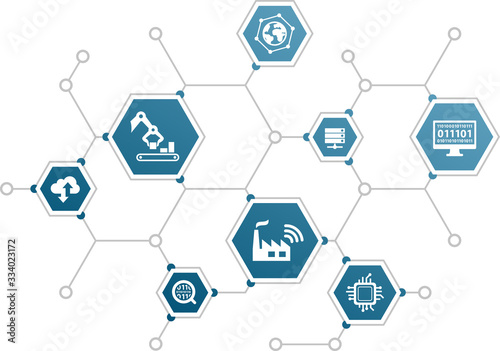 smart industry vector illustration. Concept with connected icons related to digital transformation, iiot, smart factory or process automation.