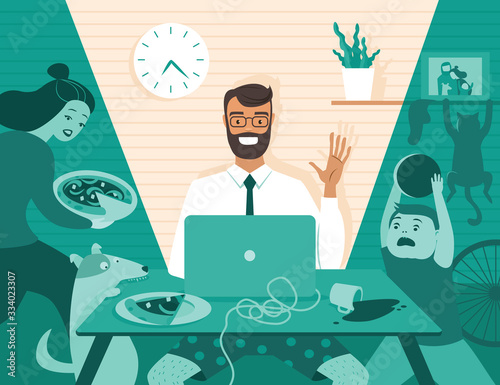 Dad freelancer has teleconference video call on his laptop while his family at home