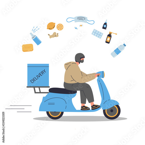 Coronavirus.Novel virus 2019-nCoV.A young courier in medical mask deliver the products ordered online on a scooter.Medicine and food delivery.Concept of coronavirus quarantine vector illustration. 
