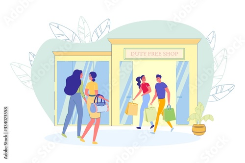 Airplane Travelers on Duty Free Shop Background.