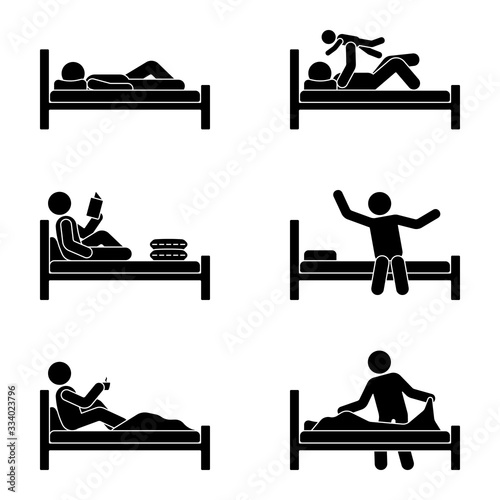 Stick figure man lying in bed, reading book, drinking coffee, playing with kid, stretching, making bed vector illustration pictogram set on white