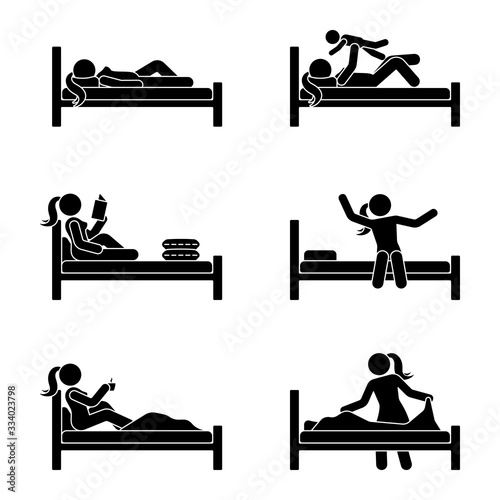 Stick figure woman lying in bed, reading book, drinking coffee, playing with kid, stretching, making bed vector illustration pictogram set on white