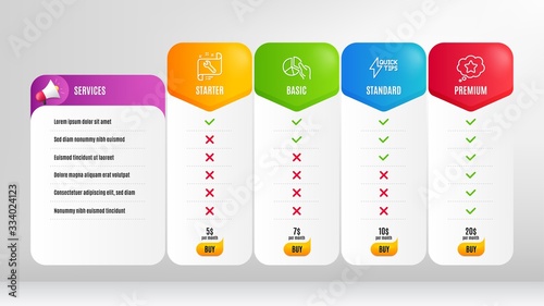 Loyalty star, Quickstart guide and Pie chart line icons set. Pricing table, price list. Spanner sign. Bonus reward, Lightning symbol, Presentation graph. Repair service. Technology set. Vector