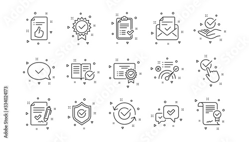 Checklist, Certificate and Award medal. Approve line icons. Thumbs up certified document linear icon set. Geometric elements. Quality signs set. Vector