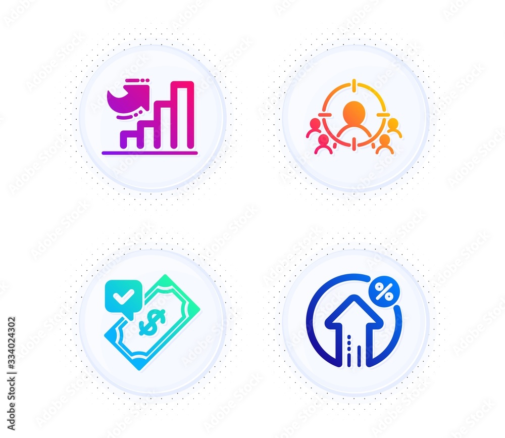 Business targeting, Growth chart and Accepted payment icons simple set. Button with halftone dots. Loan percent sign. People and target aim, Diagram graph, Bank transfer. Growth rate. Vector