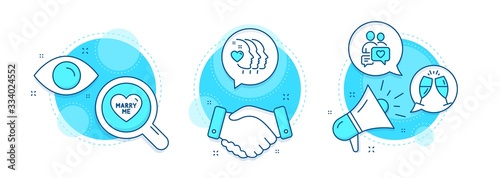 Champagne glasses, Friends couple and Dating chat line icons set. Handshake deal, research and promotion complex icons. Marry me sign. Chin-chin, Friendship, People love. Wedding. Love set. Vector