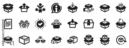 Package, delivery boxes, cargo box. Box icons. Cargo distribution, export boxes, return parcel icons. Shipment of goods, purchase container, open package. Logistics goods. Vector