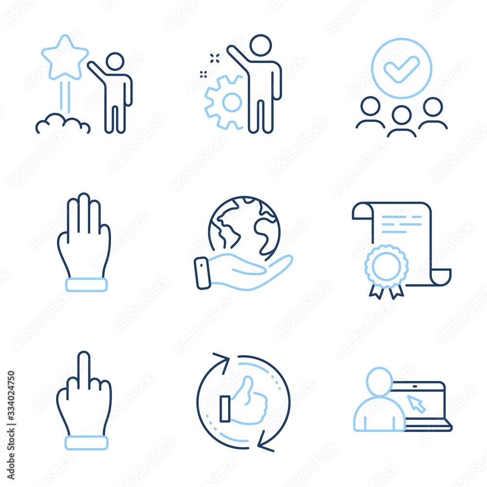 Three fingers, Refresh like and Star line icons set. Diploma certificate, save planet, group of people. Employee, Online education and Middle finger signs. Vector Three fingers, Refresh like and Star line icons set. Diploma certificate, save planet, group of people. Employee, Online education and Middle finger signs. Vector