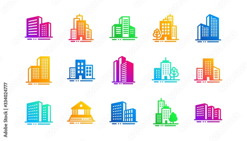 Bank, Hotel, Courthouse. Buildings icons. City, Real estate, Architecture buildings icons. Hospital, town house, museum. Urban architecture, city skyscraper. Classic set. Gradient patterns. Vector