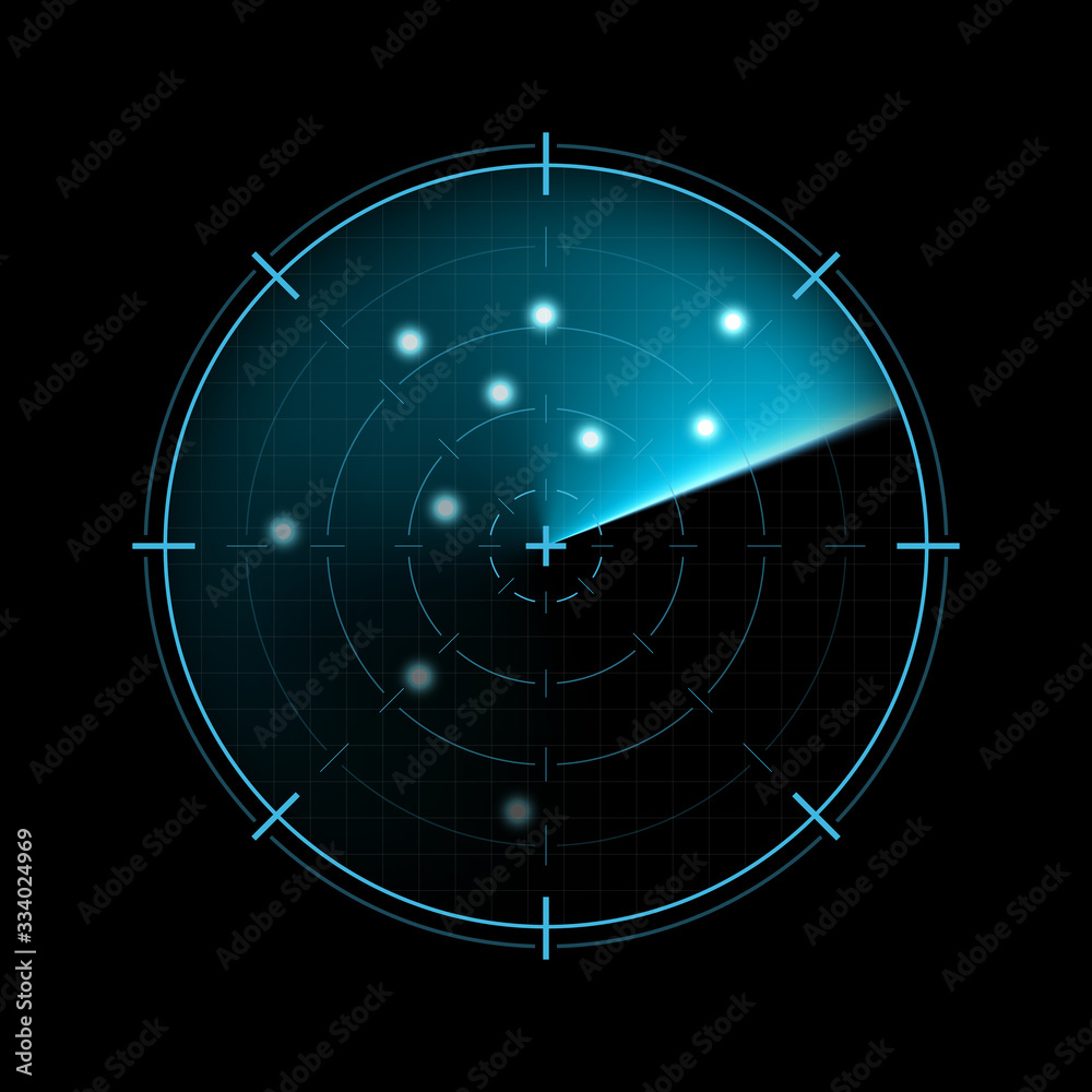 Radar isolated on dark background. Military search system. HUD radar