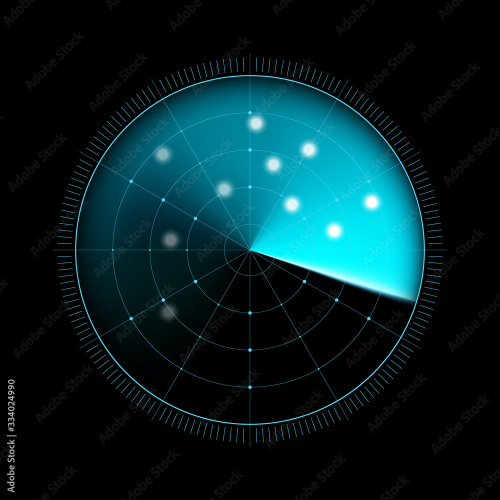 Radar isolated on dark background. Military search system. HUD radar display. Vector illustration Radar isolated on dark background. Military search system. HUD radar display. Vector illustration