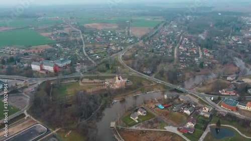 Aerial Drone View Dobele Medieval Castle  the Town of Dobele on the West Bank of the River Berze, in the Historical Region of Zemgale, in Latvia. Ruins of an Ancient Medieval Castle Dobele Latvia. photo