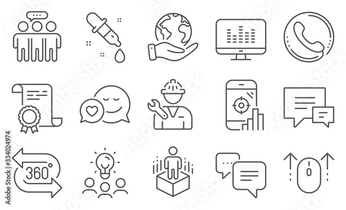 Set of Technology icons, such as Music making, Swipe up. Diploma, ideas, save planet. Call center, Comment, 360 degree. Augmented reality, Employees group, Repairman. Vector