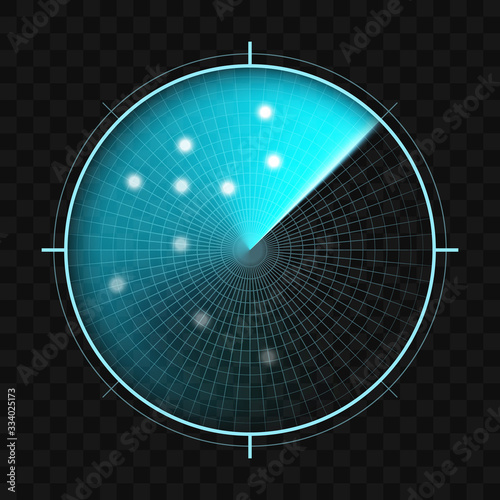 Radar isolated on dark background. Military search system. HUD radar display. Vector illustration