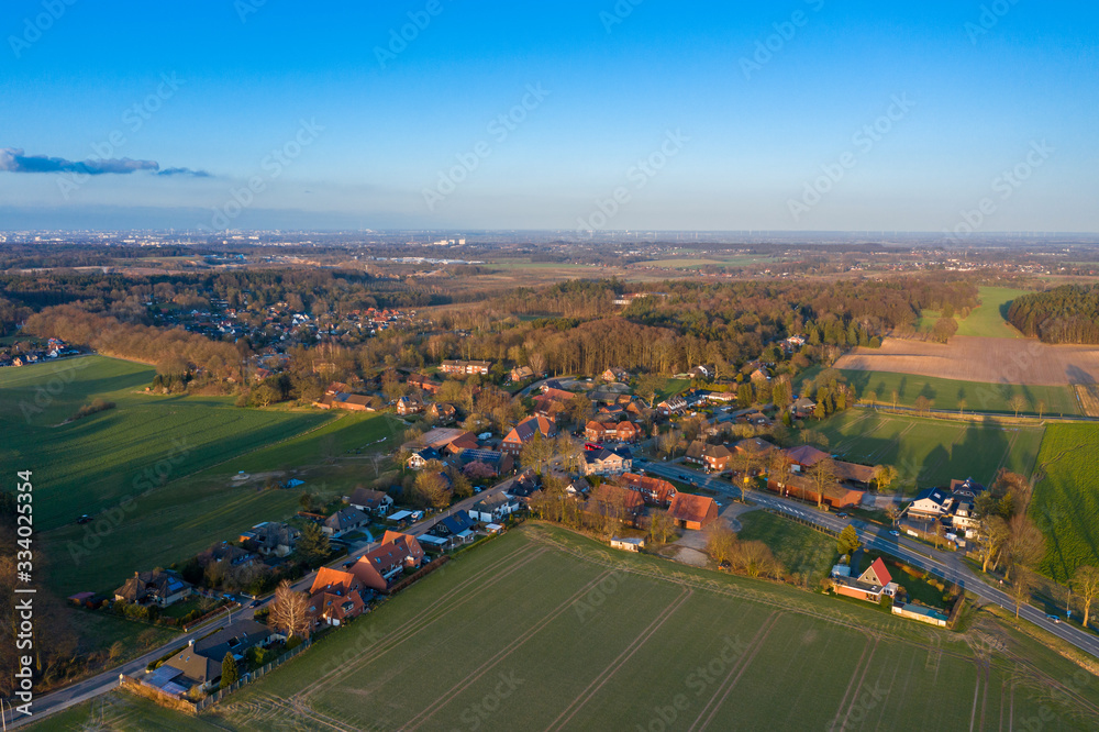 Aerial view from a drone of town in farmland