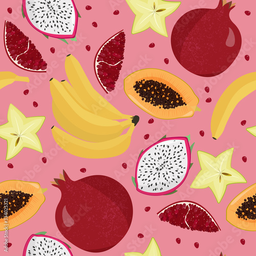 Vector seamless pattern with fruits. Fresh bananas, papaya, carambola and pitahaya background.