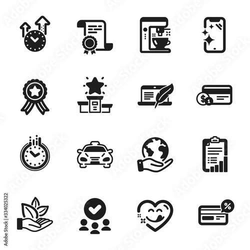Set of Technology icons, such as Cashback, Taxi. Certificate, approved group, save planet. Yummy smile, Checklist, Coffee maker. Winner podium, Time, Organic product. Vector