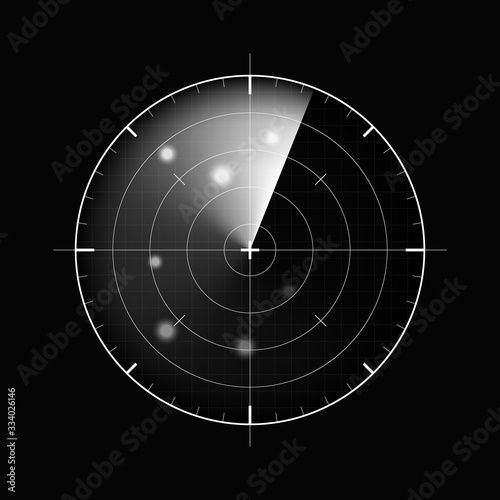 Radar isolated on dark background. Military search system. HUD radar display. Vector illustration