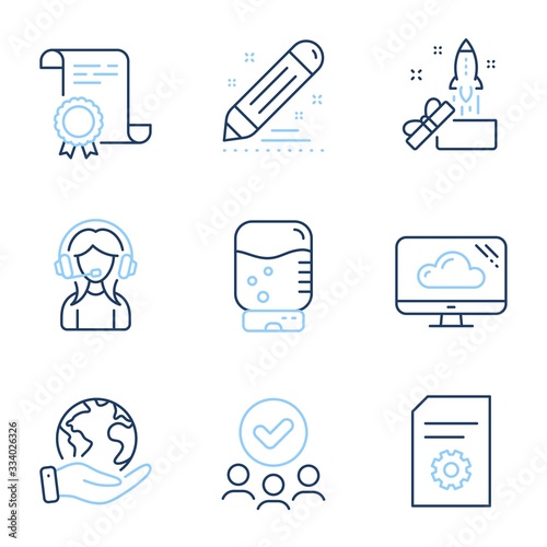 Water cooler, Support and Innovation line icons set. Diploma certificate, save planet, group of people. File settings, Brand contract and Cloud storage signs. Vector