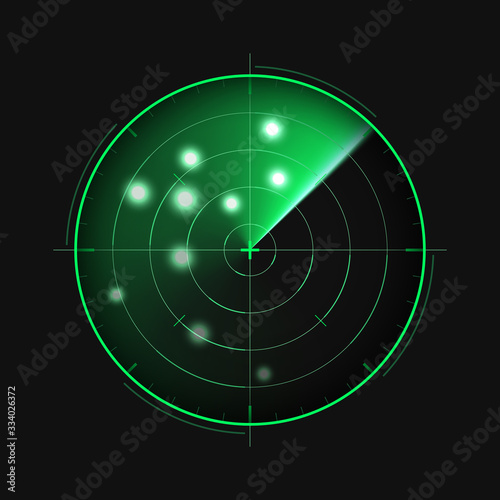Green radar isolated on dark background. Military search system. HUD radar display. Vector illustration