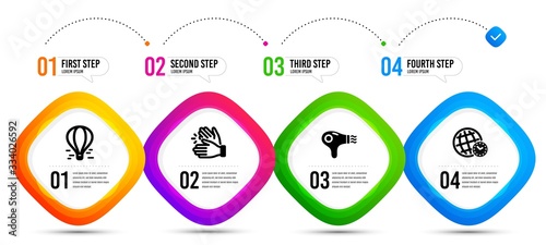 Hair dryer, Clapping hands and Time zone icons simple set. Timeline infographic. Air balloon sign. Hairdryer, Clap, World clock. Flight travel. Business set. Steps banner with hair dryer icon. Vector
