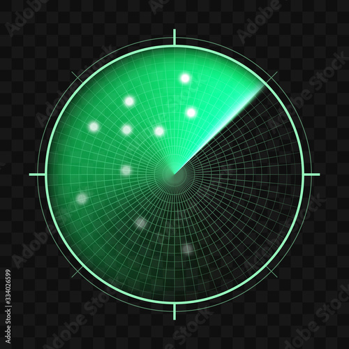 Green radar isolated on dark background. Military search system. HUD radar display. Vector illustration