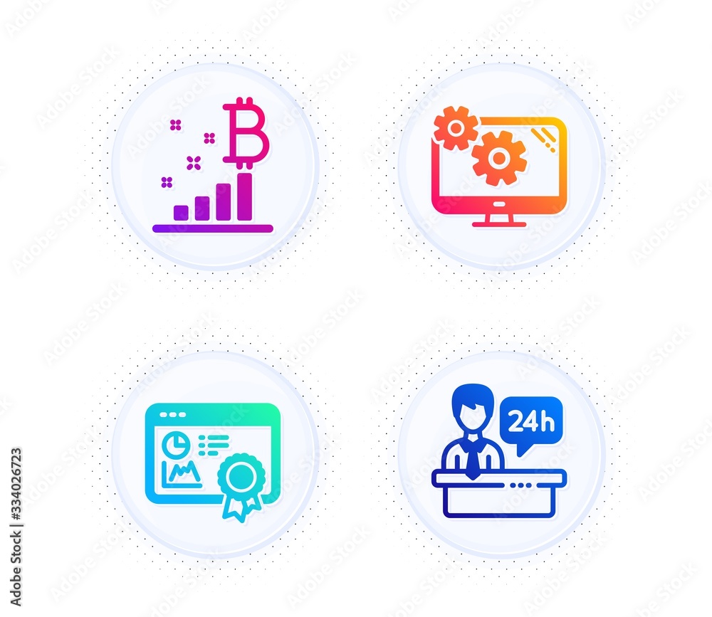 Bitcoin graph, Settings and Seo certificate icons simple set. Button with halftone dots. Reception desk sign. Cryptocurrency analytics, Cogwheel tool, Statistics. Hotel service. Business set. Vector Bitcoin graph, Settings and Seo certificate icons simple set. Button with halftone dots. Reception desk sign. Cryptocurrency analytics, Cogwheel tool, Statistics. Hotel service. Business set. Vector
