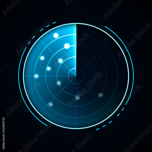 Radar isolated on dark background. Military search system. HUD radar display. Vector illustration