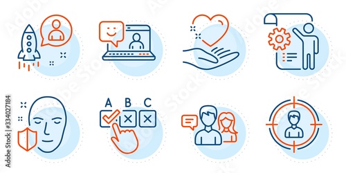 Startup, Face protection and Correct checkbox signs. Hold heart, Smile and People talking line icons set. Headhunting, Settings blueprint symbols. Care love, Laptop feedback. People set. Vector