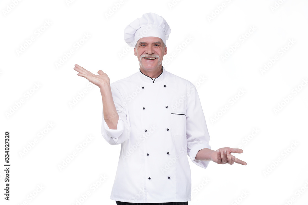 Old professional chef cook isolated on white background, holding hand, place for some text Old professional chef cook isolated on white background, holding hand, place for some text
