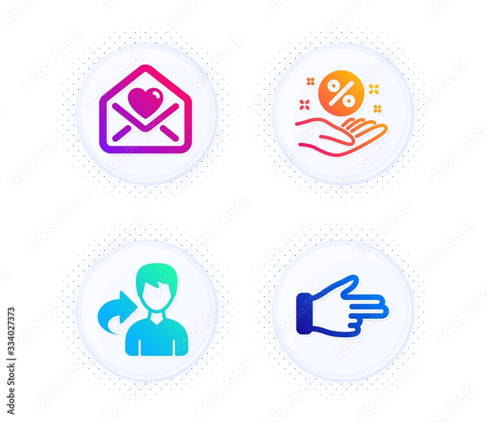 Love letter, Loan percent and Share icons simple set. Button with halftone dots. Click hand sign. Heart, Discount hand, Male user. Direction finger. People set. Gradient flat love letter icon. Vector Love letter, Loan percent and Share icons simple set. Button with halftone dots. Click hand sign. Heart, Discount hand, Male user. Direction finger. People set. Gradient flat love letter icon. Vector