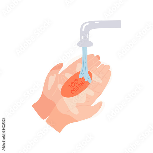 Two hands in a foam holds organic soap bar under a mash of tap water. Wash your hands, corona virus prevention concept. Flat vector hand drawn isolated illustration.