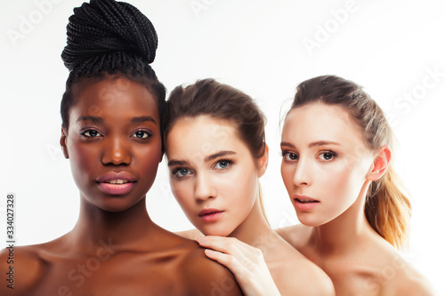 different nation woman: african-american, caucasian, asian together isolated on white background happy smiling, diverse type on skin, lifestyle people concept