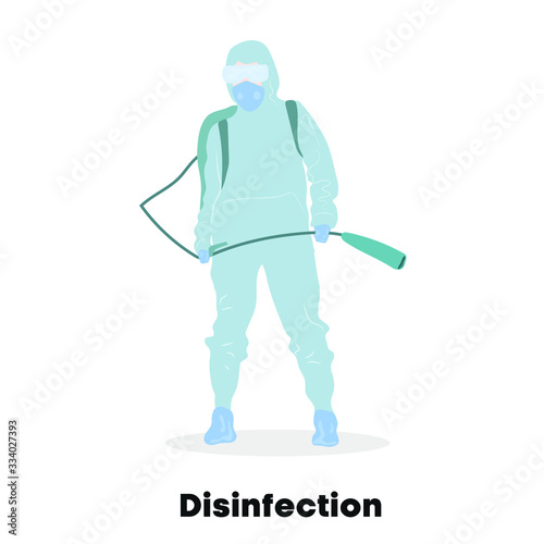 Man in a disinfector suit. Disinfection of the territory, the fight against viruses and infections. Vector.