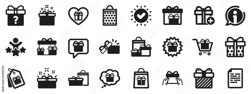 Present box, Offer and Sale. Gift icons. Shopping cart, Tag and Chat. Speech bubble, Give a gift box, question mark, birthday discount. Shopping sale cart, present tag, delivery. Vector