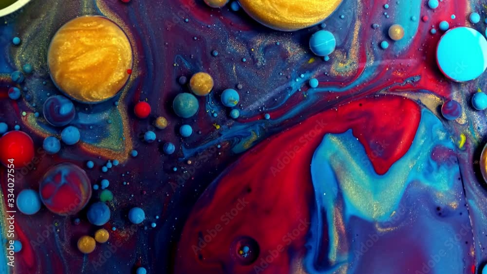 Multicolored Bubbles Of Bright Collors Moving In Paint Oil Surface Beautiful Blue Universe Of Color Slow Motion Macro Red Blue Black And Yellow