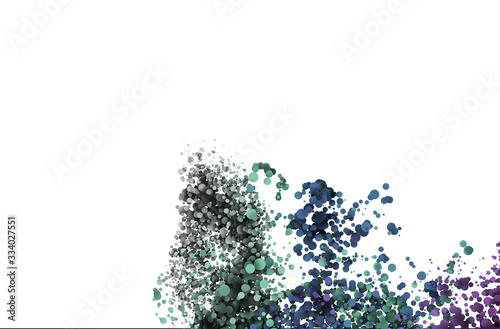 3D illustration abstract liquid background with cloud dust particles connected together as flow. Green, blue and purple circular particles on white background. Circular element flowing in white space.