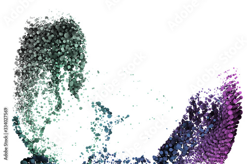 Fototapeta Naklejka Na Ścianę i Meble -  3D illustration abstract liquid background with cloud dust particles connected together as flow. Green, blue and purple circular particles on white background. Circular element flowing in white space.