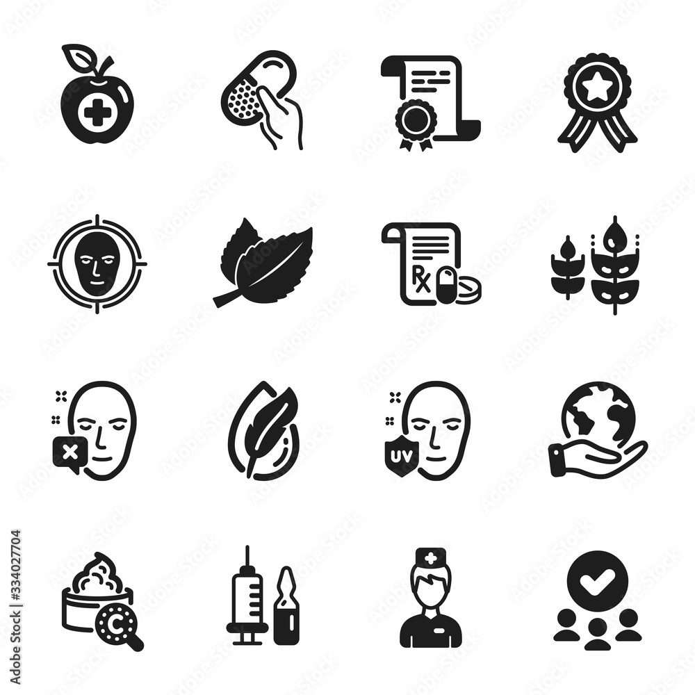 Set of Healthcare icons, such as Collagen skin, Capsule pill. Certificate, approved group, save planet. Medical vaccination, Gluten free, Medical prescription. Vector Set of Healthcare icons, such as Collagen skin, Capsule pill. Certificate, approved group, save planet. Medical vaccination, Gluten free, Medical prescription. Vector