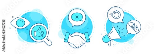 Reject, Helping hand and Like hand line icons set. Handshake deal, research and promotion complex icons. Fast recovery sign. Delete message, Give gesture, Thumbs up. Backup timer. Business set. Vector