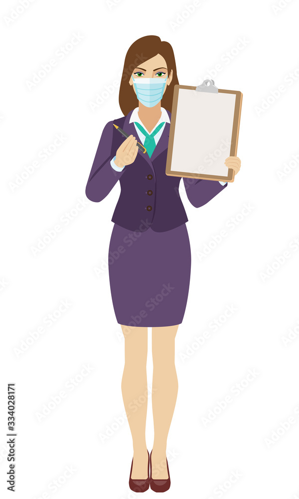 Businesswoman with medical mask giving pen for your signature on clipboard. Full length portrait of Businesswoman in a flat style. Businesswoman with medical mask giving pen for your signature on clipboard. Full length portrait of Businesswoman in a flat style.