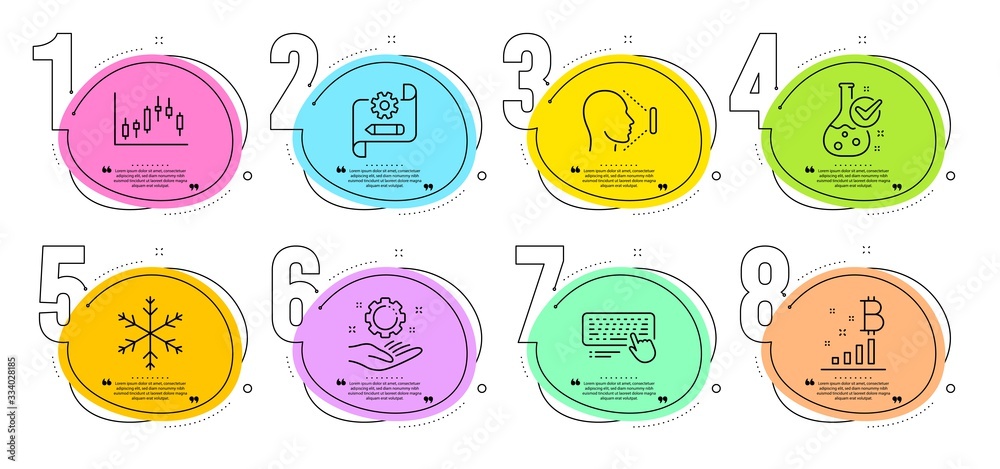 Cogwheel blueprint, Snowflake and Employee hand signs. Timeline steps infographic. Computer keyboard, Bitcoin graph and Face id line icons set. Candlestick graph, Chemistry lab symbols. Vector Cogwheel blueprint, Snowflake and Employee hand signs. Timeline steps infographic. Computer keyboard, Bitcoin graph and Face id line icons set. Candlestick graph, Chemistry lab symbols. Vector